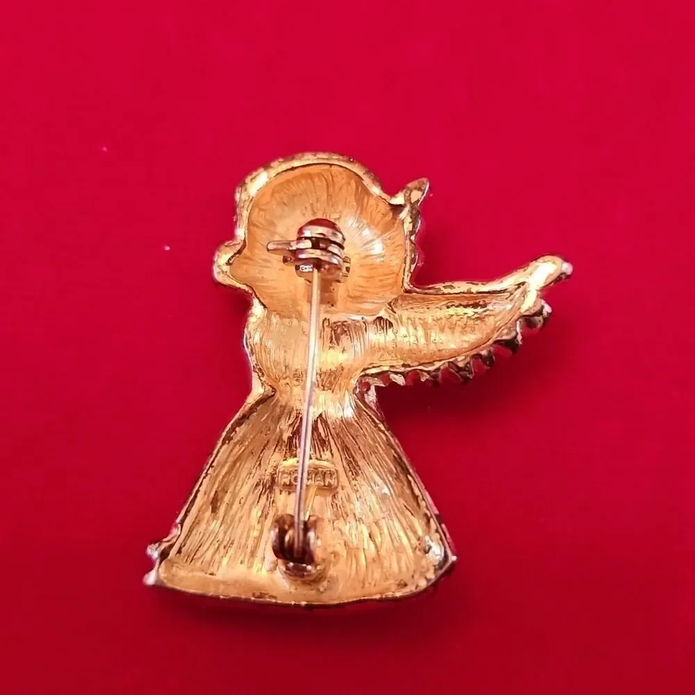 Roman Signed Yellow Gold Tone Crystal Angel Pin Brooch
